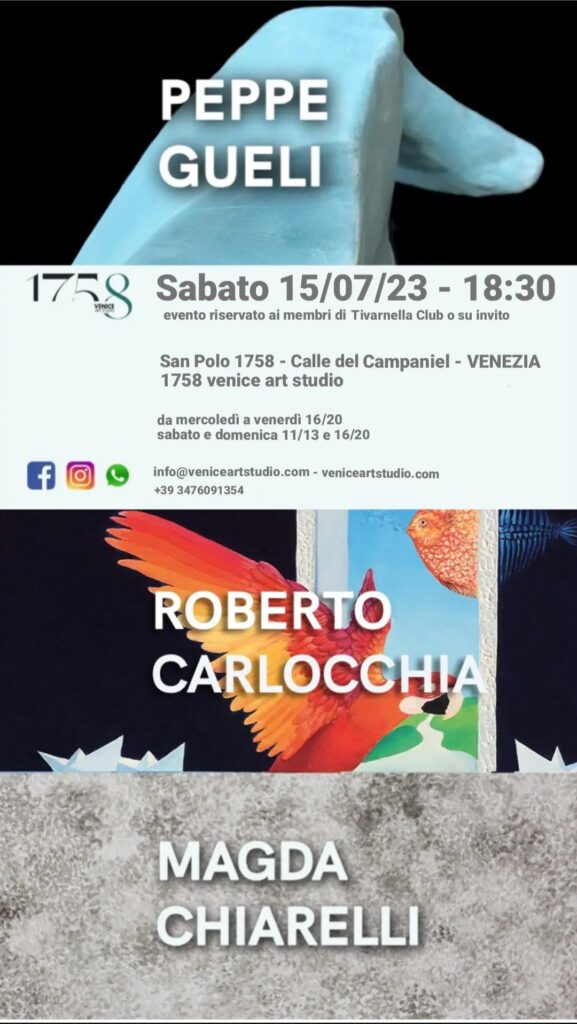 Invito evento 15/07/23: presentazione artisti Roberto Carlocchia, Magda Chiarelli e Peppe Gueli